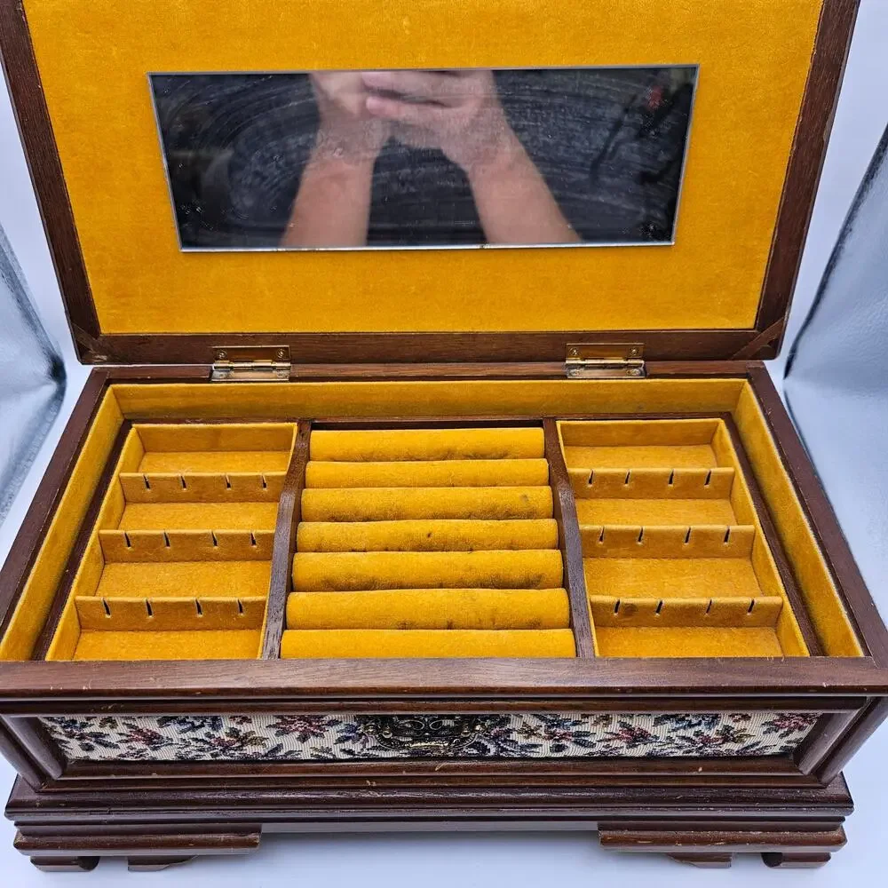 PAT YOSHIKAWA JAPAN WOODEN FLORAL JEWELRY BOX MIRROR RING ORGANIZER